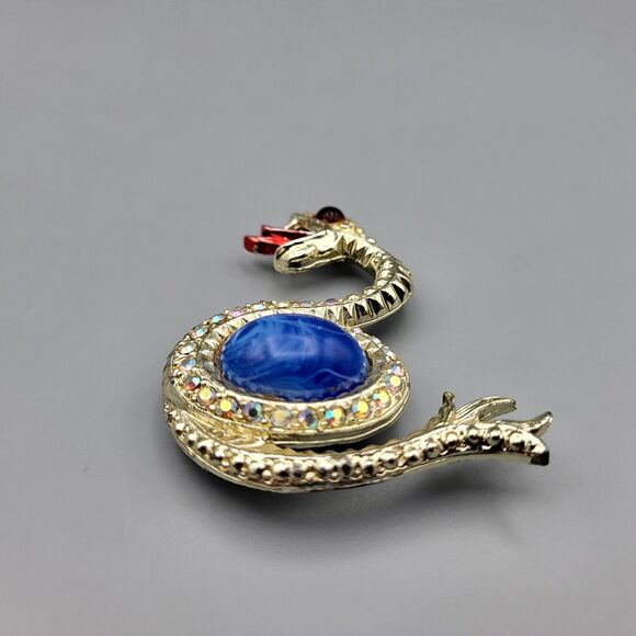 Cabochon Aurora Borealis Vintage 2.5 " Rhinestone Snake Serpent Pin Brooch - Picture 6 of 6